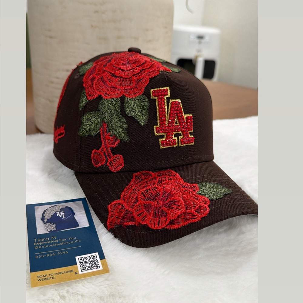 Brown SnapBack Hat with Red Floral Design and LA Logo